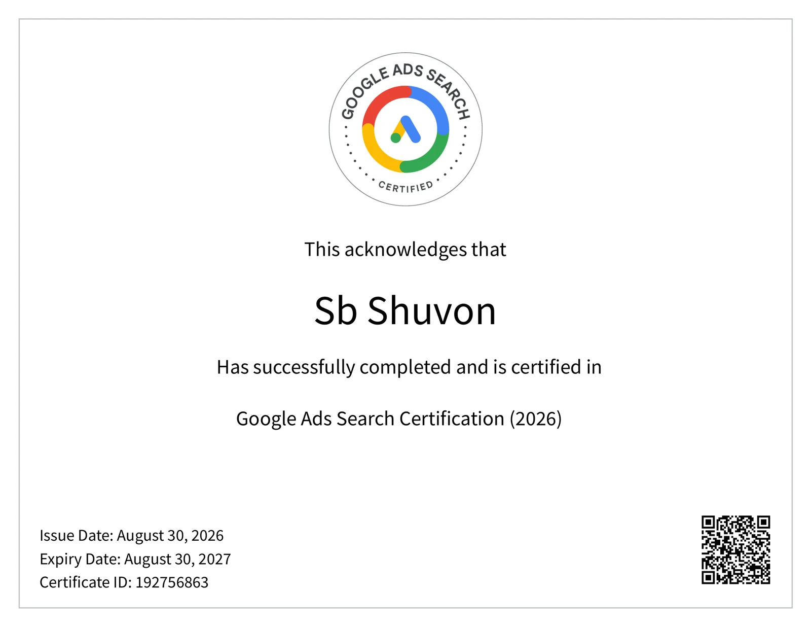 Google Ads Search Certification certificate issued to SB Shuvon