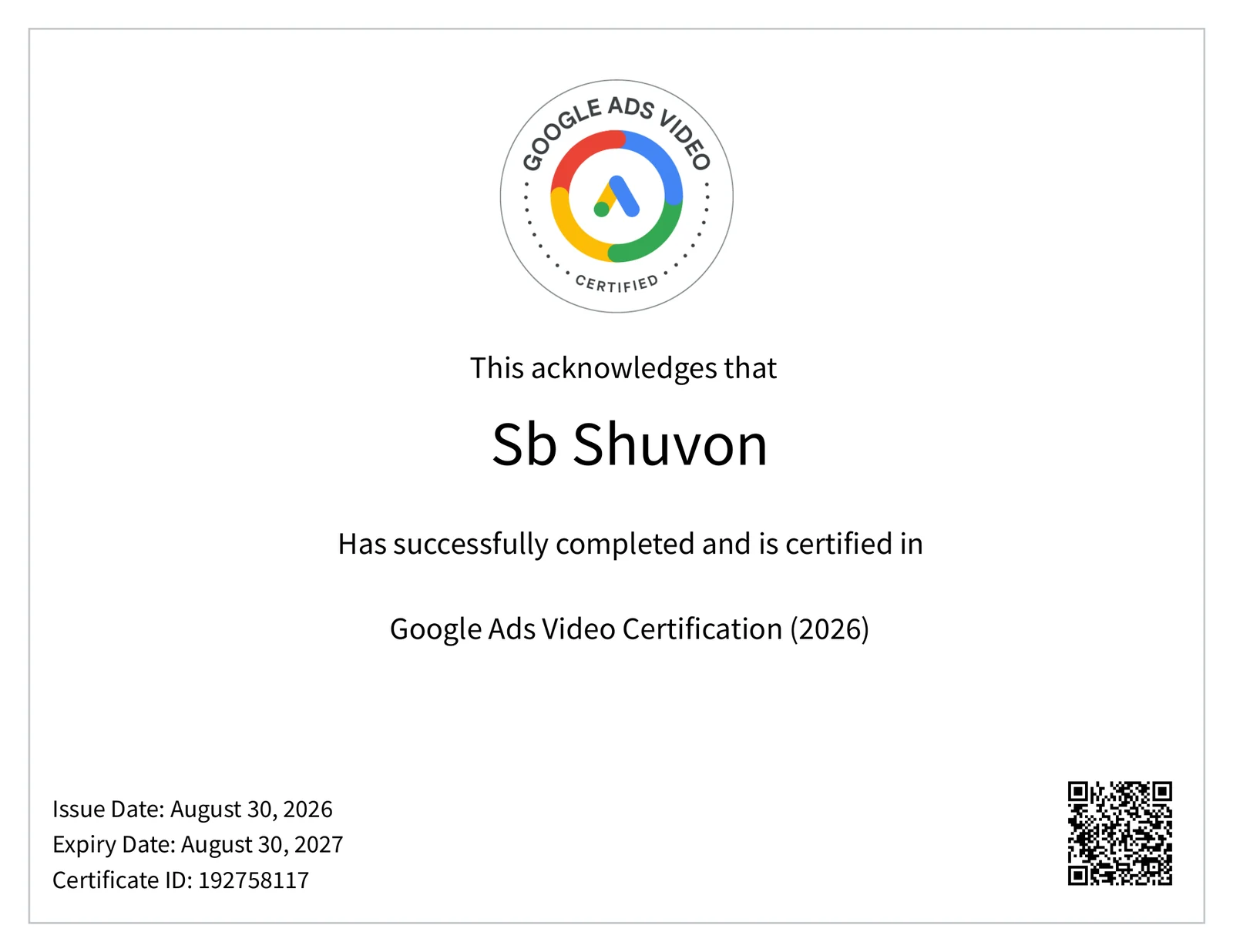 Google Ads Video Certification certificate issued to SB Shuvon